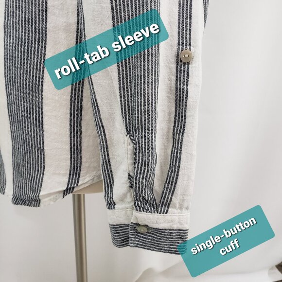 Orvis Linen Blend Button-Down Shirt XXL Stripes Blue White Roll-Tab Sleeve - Picture 4 of 9